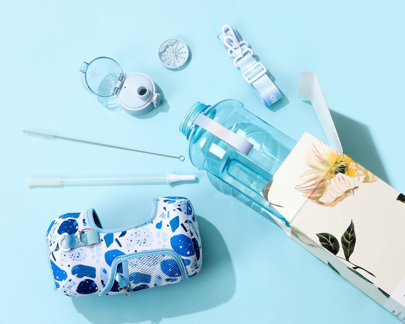 Blue Collage -Carry-all -Half Gallon Water Bottle with Storage Sleeve and removable straw