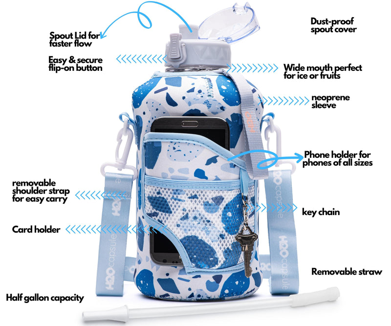 Blue Collage -Carry-all -Half Gallon Water Bottle with Storage Sleeve and removable straw
