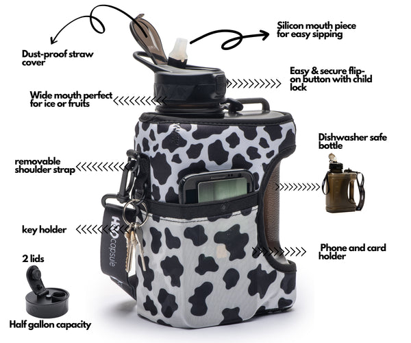 Cow - Cube - Half Gallon Water Bottle with Storage Sleeve and 2 lids