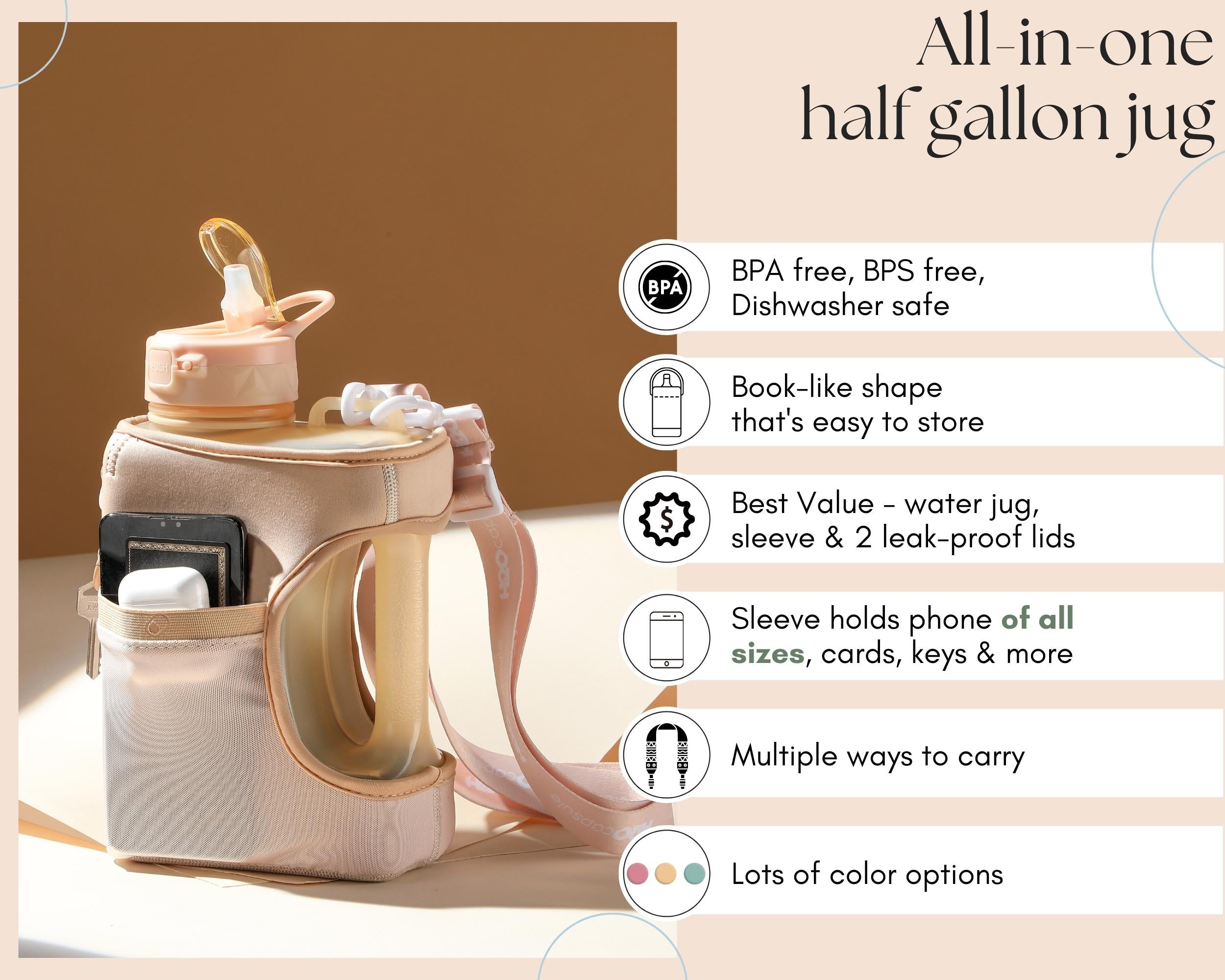 Neutral - Cube - Half Gallon Water Bottle with Storage Sleeve and 2 lids