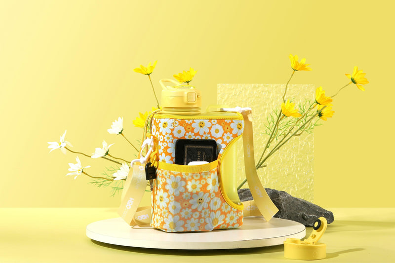Smiley Daisy - Cube - Half Gallon Water Bottle with Storage Sleeve and 2 lids