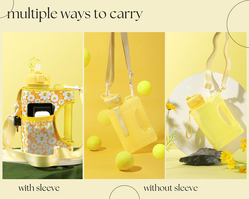 Smiley Daisy - Cube - Half Gallon Water Bottle with Storage Sleeve and 2 lids