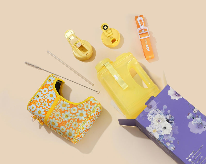 Smiley Daisy - Cube - Half Gallon Water Bottle with Storage Sleeve and 2 lids