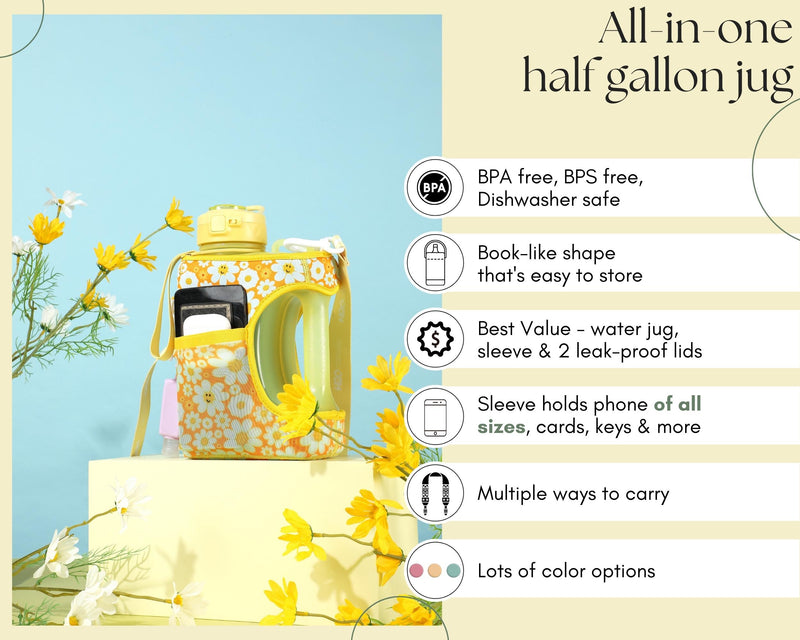 Smiley Daisy - Cube - Half Gallon Water Bottle with Storage Sleeve and 2 lids