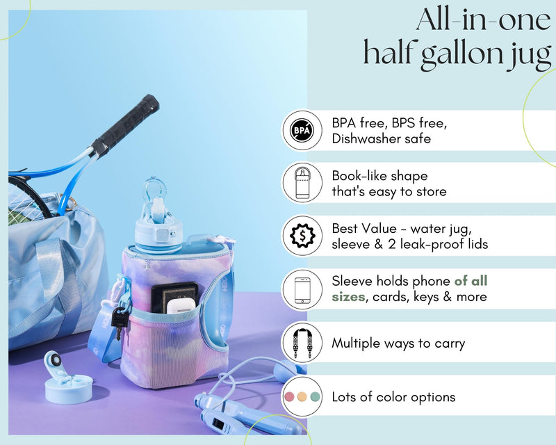 Dawn Sky - Cube - Half Gallon Water Bottle with Storage Sleeve and 2 lids