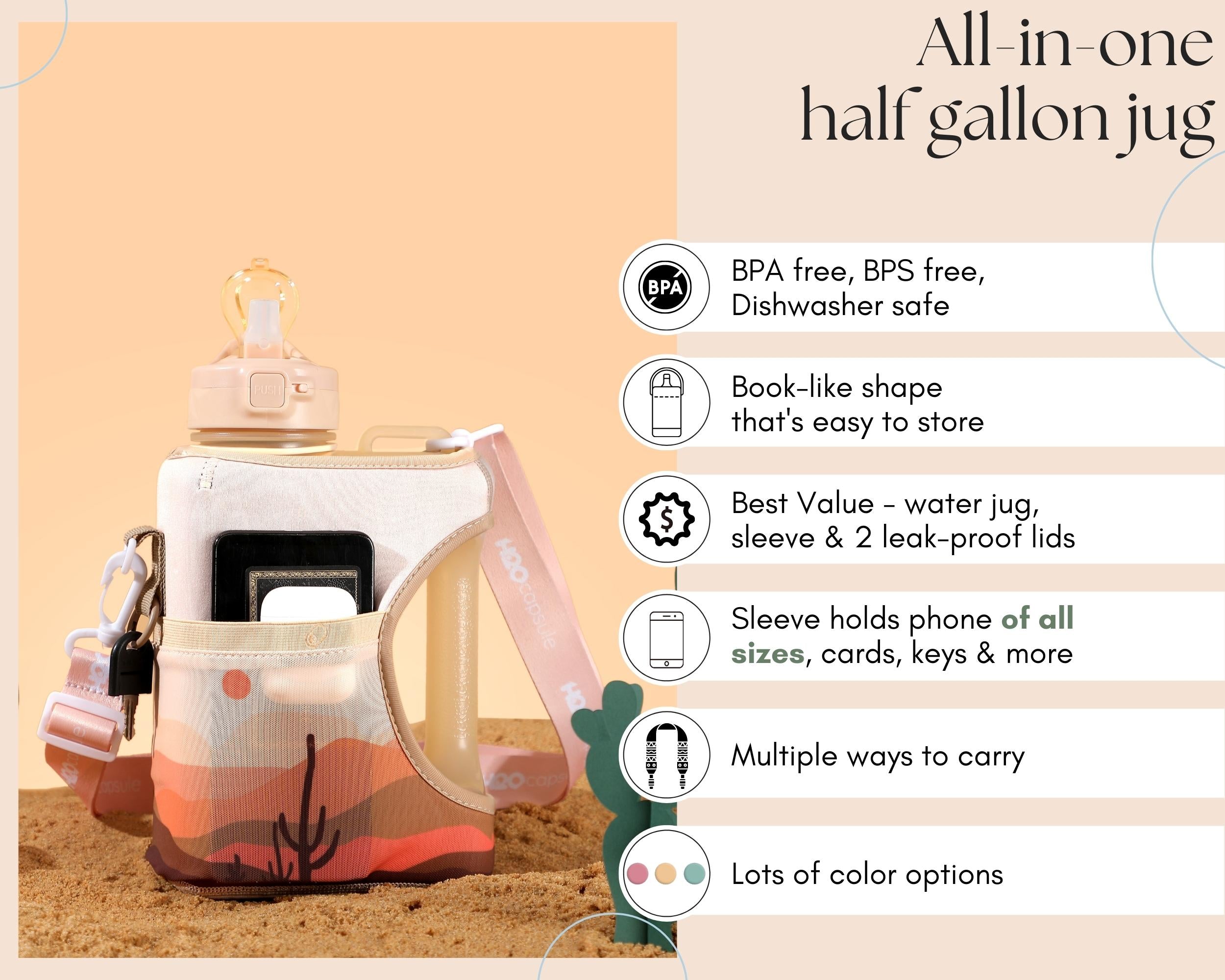 Desert Sunset - Cube - Half Gallon Water Bottle with Storage Sleeve and 2 lids
