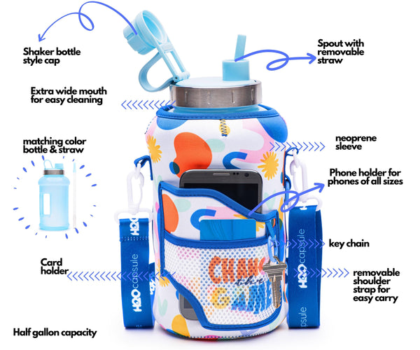 Game Changer - Wide Mouth carry-all - Half Gallon Water Bottle with Storage Sleeve and removable straw