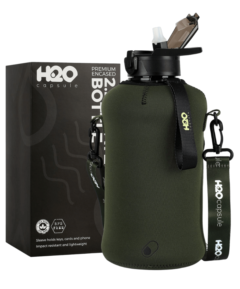 Jungle Green -Classic- H2O Capsule 2.2L Half Gallon Water Bottle with Storage Sleeve and straw lid