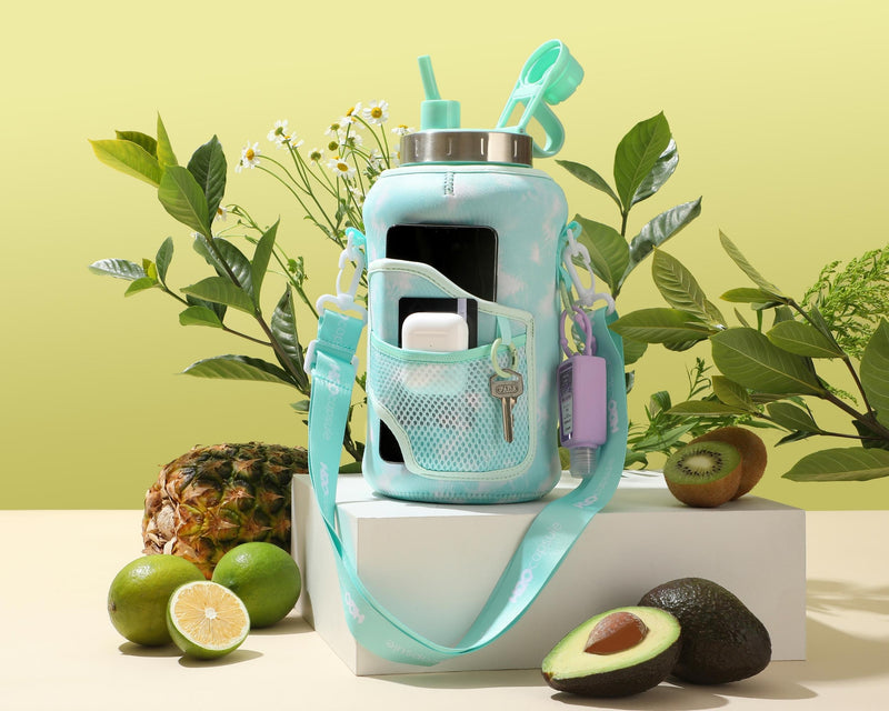 Green Tie Dye - Wide Mouth carry-all - Half Gallon Water Bottle with Storage Sleeve and removable straw