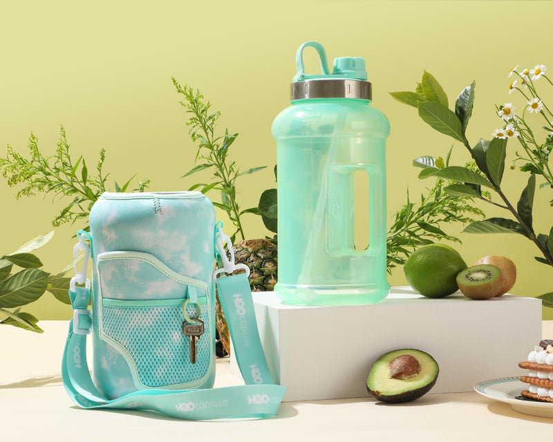 Green Tie Dye - Wide Mouth carry-all - Half Gallon Water Bottle with Storage Sleeve and removable straw