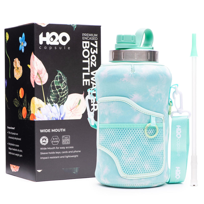 Green Tie Dye - Wide Mouth carry-all - Half Gallon Water Bottle with Storage Sleeve and removable straw