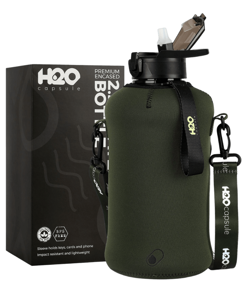 H2o Capsule 2.2l Half Gallon Water Bottle with Storage Sleeve and straw lid
