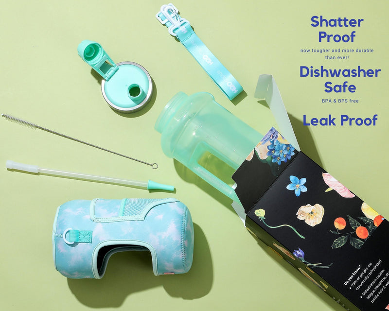 Green Tie Dye - Wide Mouth carry-all - Half Gallon Water Bottle with Storage Sleeve and removable straw