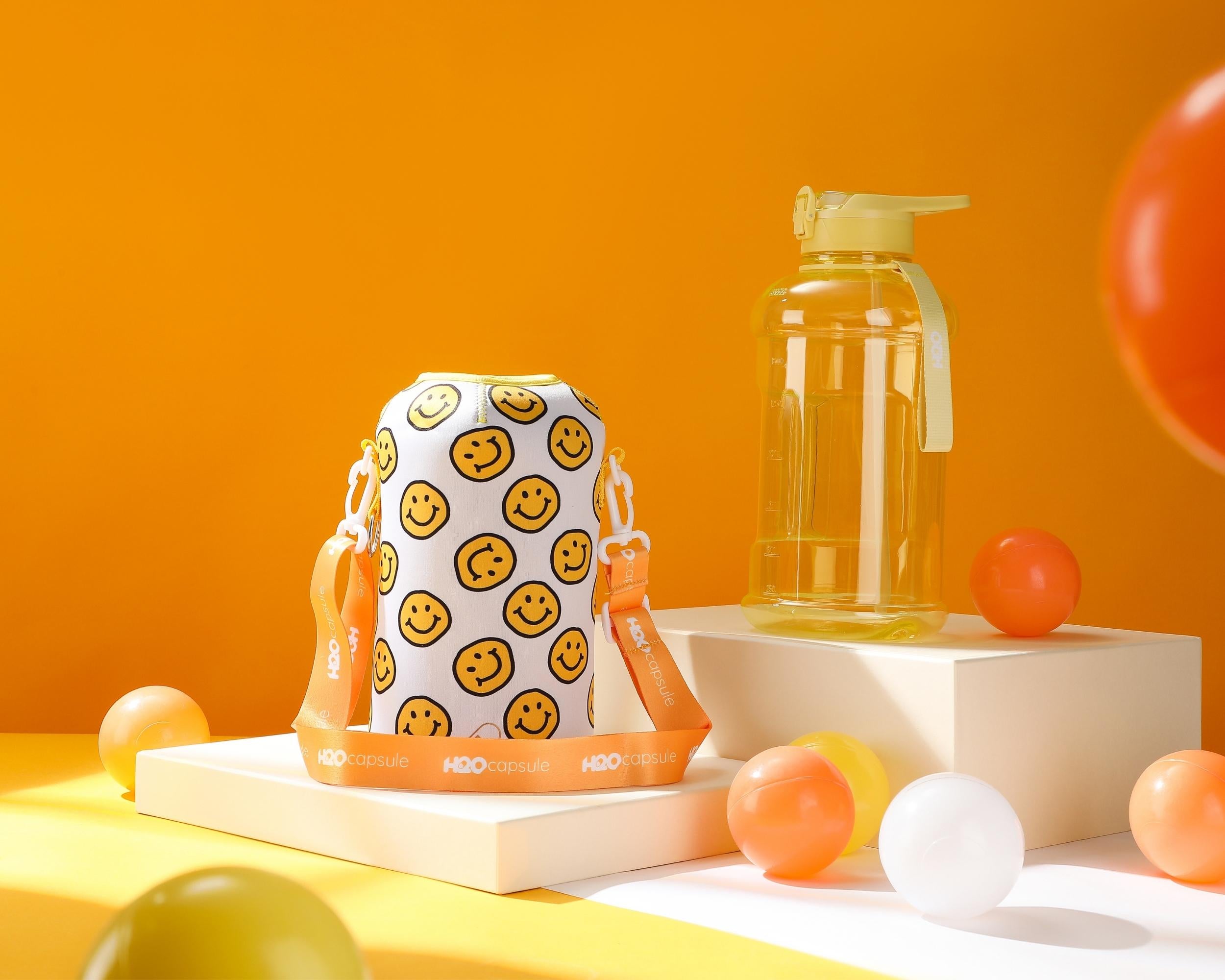 Happy Day - Classic -H2O Capsule 2.2L Half Gallon Water Bottle with Storage Sleeve and straw lid