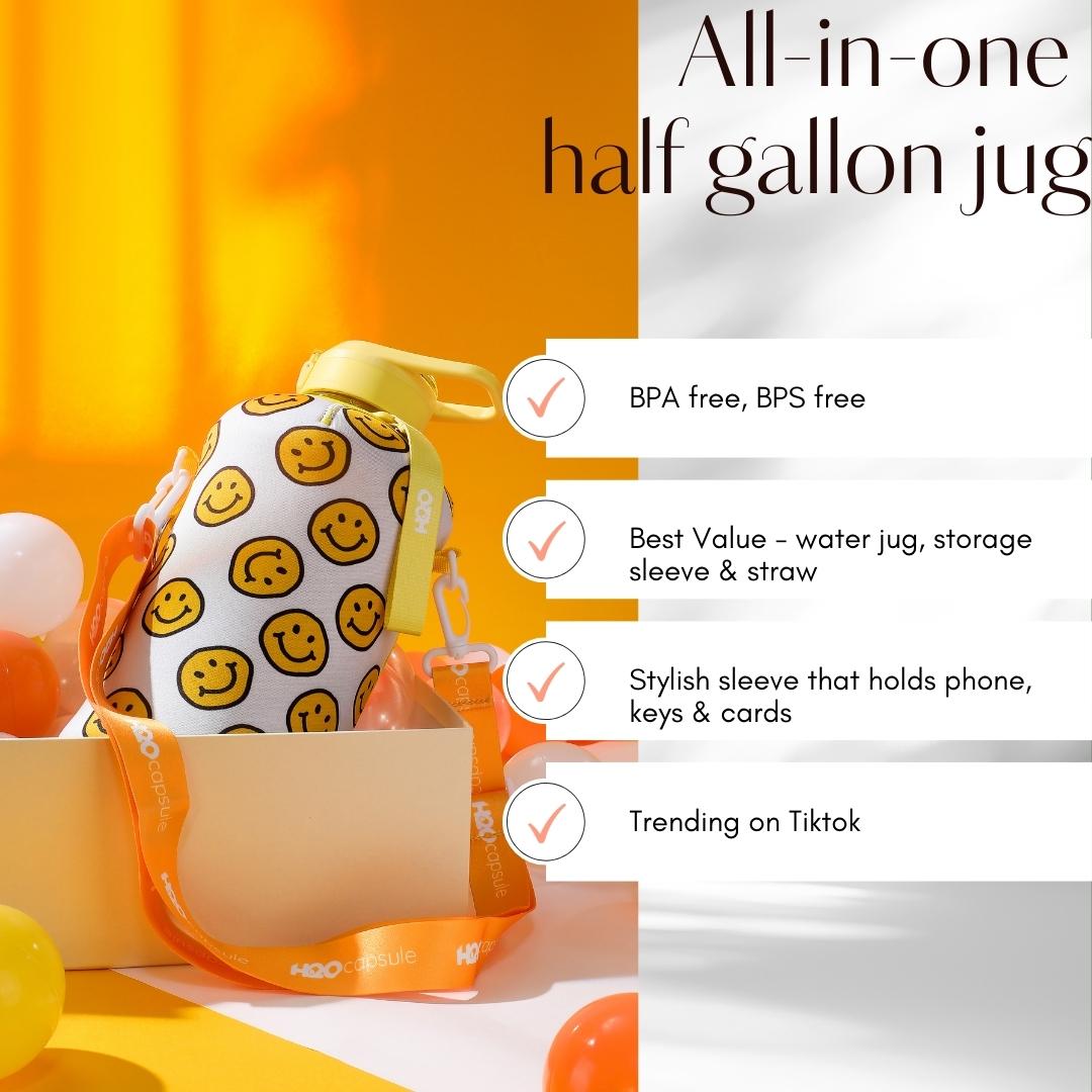 Happy Day - Classic -H2O Capsule 2.2L Half Gallon Water Bottle with Storage Sleeve and straw lid