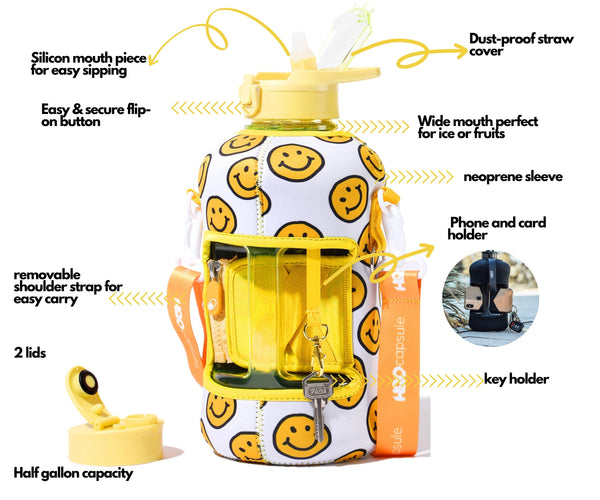 Happy Day - Classic -H2O Capsule 2.2L Half Gallon Water Bottle with Storage Sleeve and straw lid