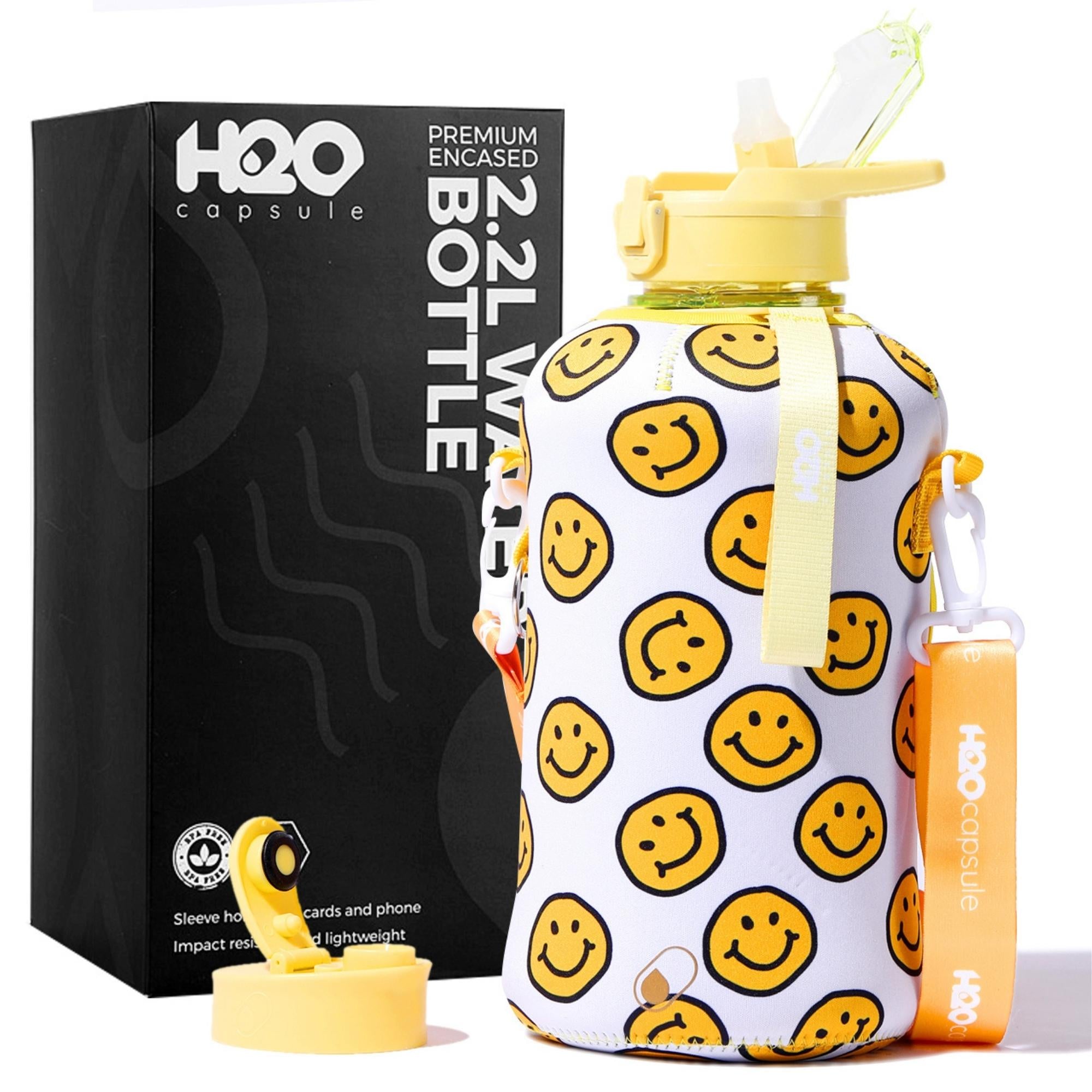 Happy Day - Classic -H2O Capsule 2.2L Half Gallon Water Bottle with Storage Sleeve and straw lid
