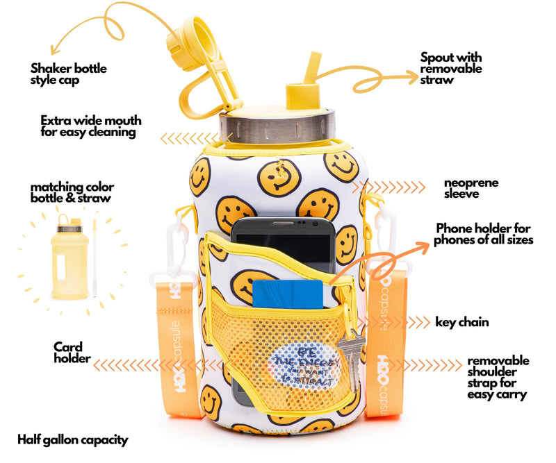 Happy Day- Wide Mouth carry-all - Half Gallon Water Bottle with Storage Sleeve and removable straw