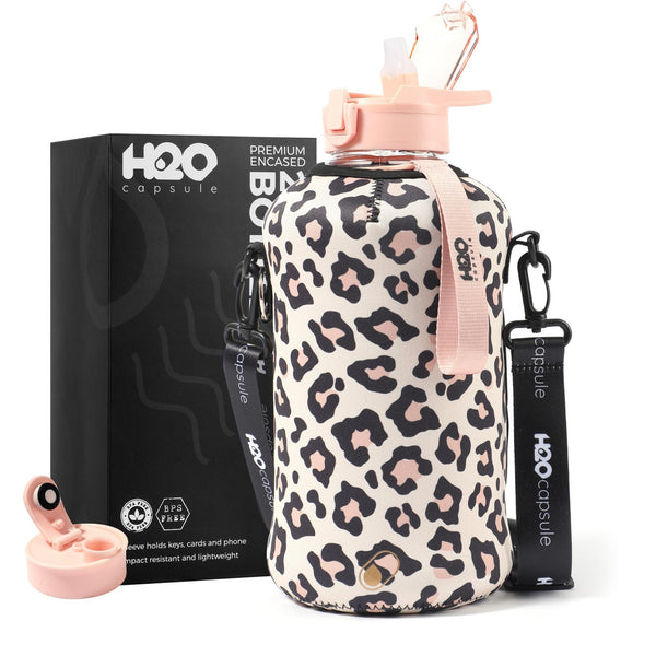 Leopard Print- Classic -H2O Capsule 2.2L Half Gallon Water Bottle with Storage Sleeve and straw lid