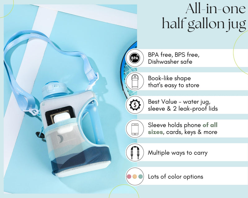 Night Hills - Cube - Half Gallon Water Bottle with Storage Sleeve and 2 lids
