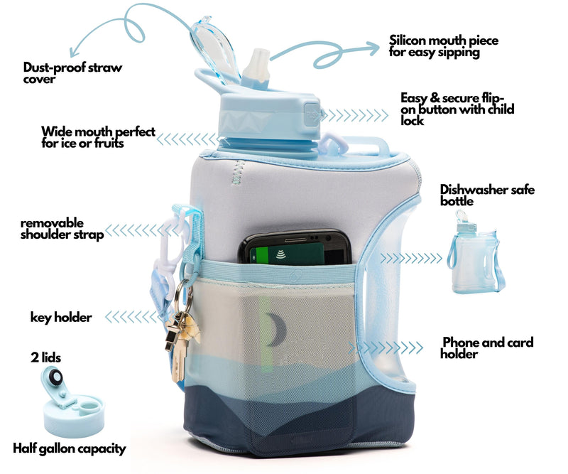 Night Hills - Cube - Half Gallon Water Bottle with Storage Sleeve and 2 lids