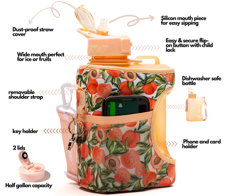 Lovely Peach - Cube - Half Gallon Water Bottle with Storage Sleeve and 2 lids