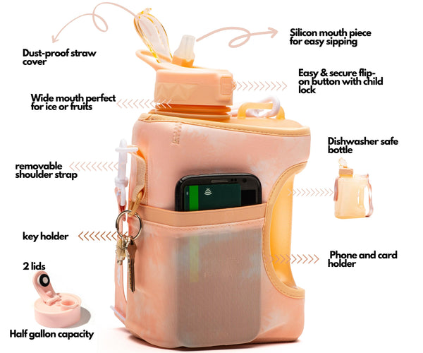Peach TieDye- Cube - Half Gallon Water Bottle with Storage Sleeve and 2 lids