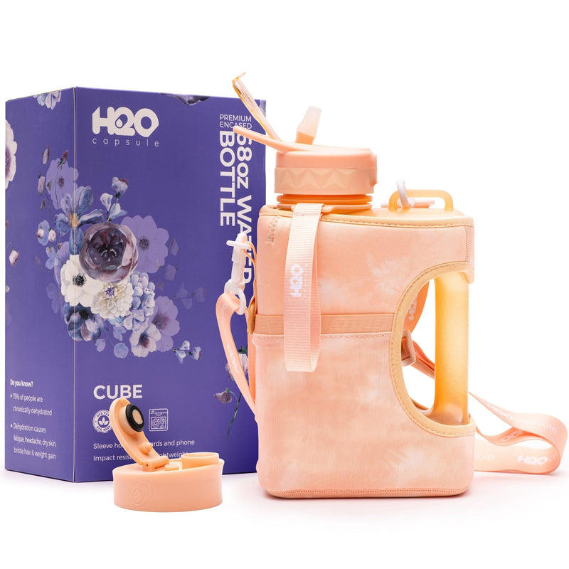 Peach TieDye- Cube - Half Gallon Water Bottle with Storage Sleeve and 2 lids