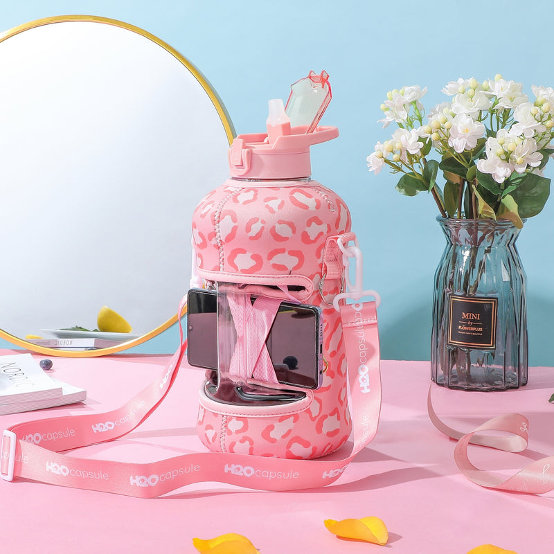 Pink Leopard - Classic -H2O Capsule 2.2L Half Gallon Water Bottle with Storage Sleeve and straw lid