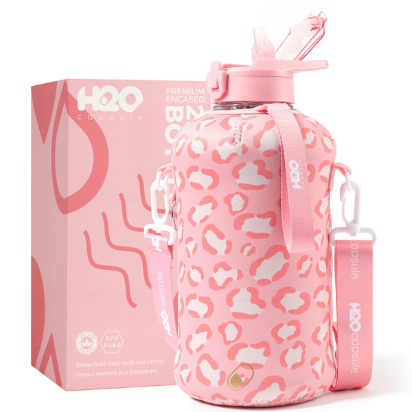 Pink Leopard - Classic -H2O Capsule 2.2L Half Gallon Water Bottle with Storage Sleeve and straw lid