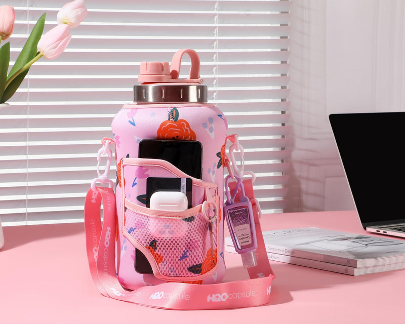 Poppy Love - Wide Mouth carry-all - Half Gallon Water Bottle with Storage Sleeve and removable straw