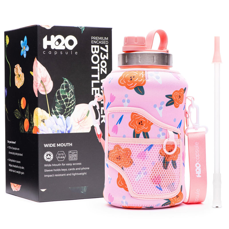 Poppy Love - Wide Mouth carry-all - Half Gallon Water Bottle with Storage Sleeve and removable straw