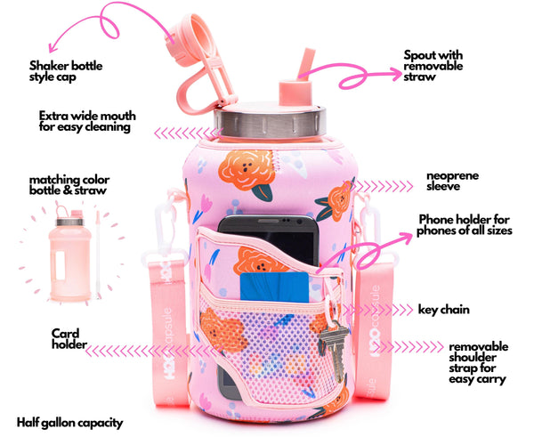 Poppy Love - Wide Mouth carry-all - Half Gallon Water Bottle with Storage Sleeve and removable straw