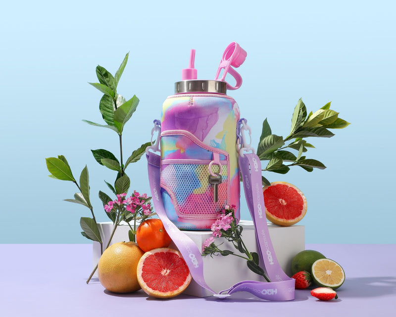 Purple Tie Dye - Wide Mouth carry-all - Half Gallon Water Bottle with Storage Sleeve and removable straw