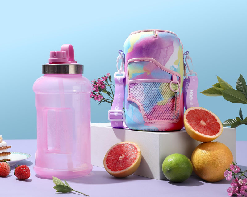 Purple Tie Dye - Wide Mouth carry-all - Half Gallon Water Bottle with Storage Sleeve and removable straw