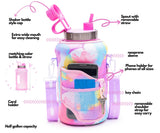 Purple Tie Dye - Wide Mouth carry-all - Half Gallon Water Bottle with Storage Sleeve and removable straw