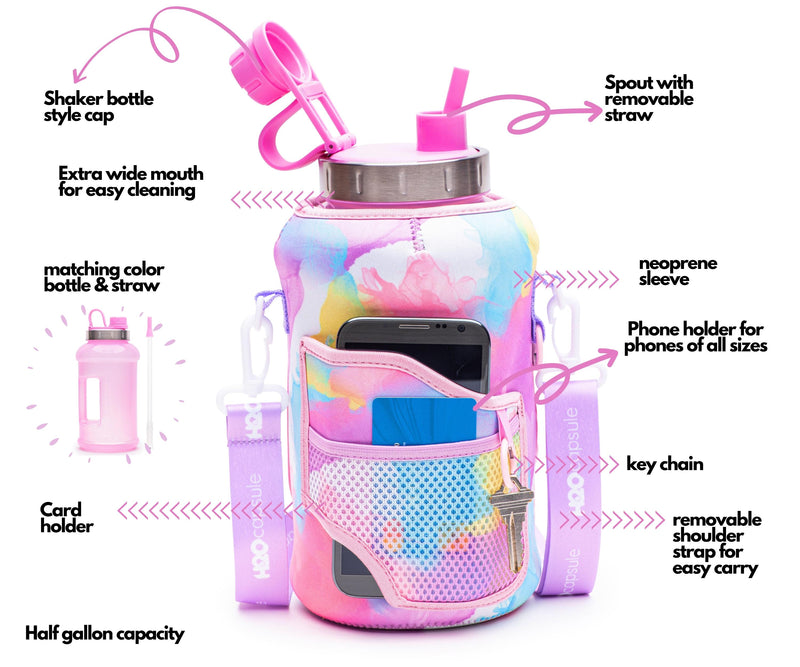 Purple Tie Dye - Wide Mouth carry-all - Half Gallon Water Bottle with Storage Sleeve and removable straw