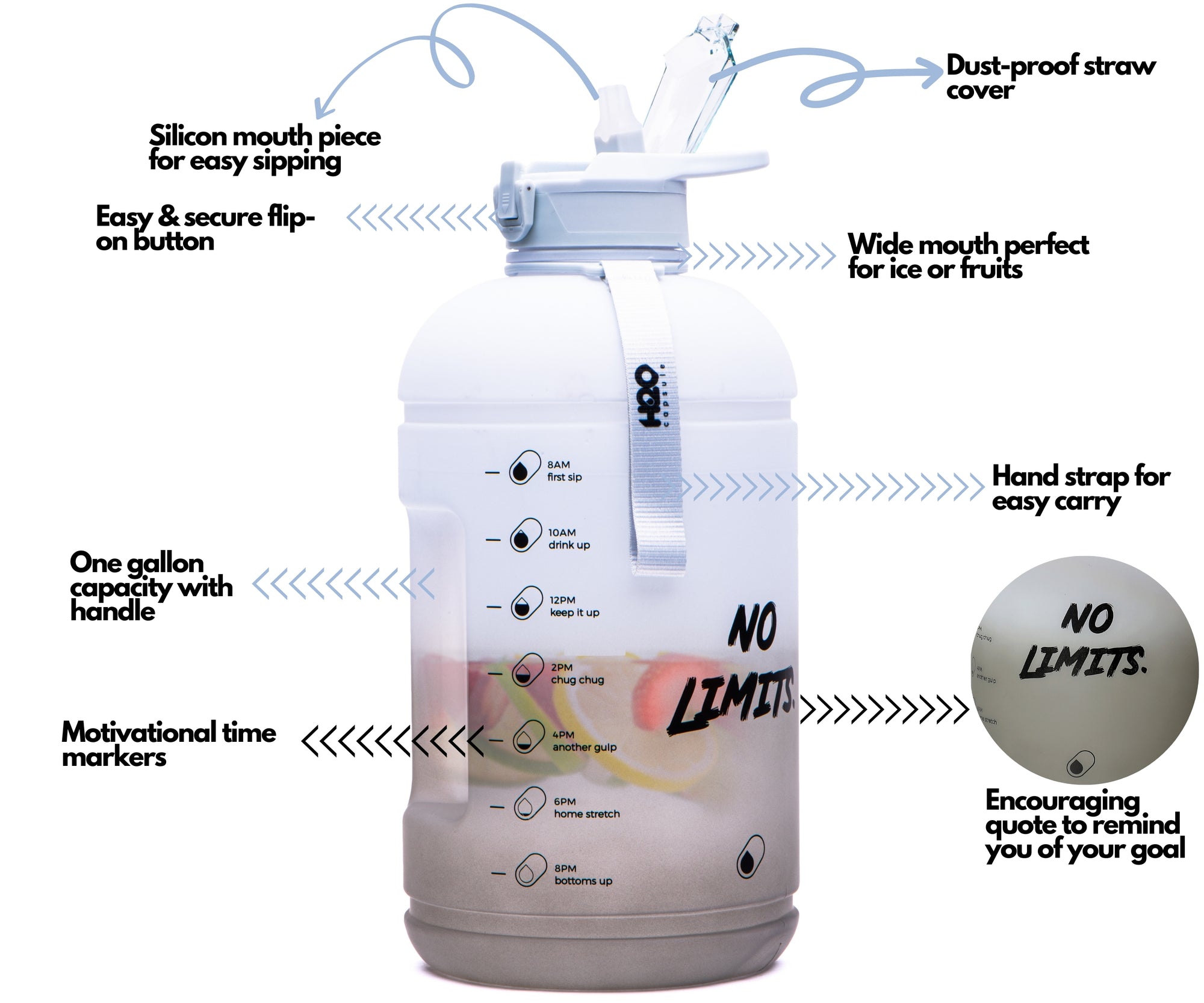 Jet Black - Classic -H2O Capsule 2.2L Half Gallon Water Bottle with Storage Sleeve and straw lid