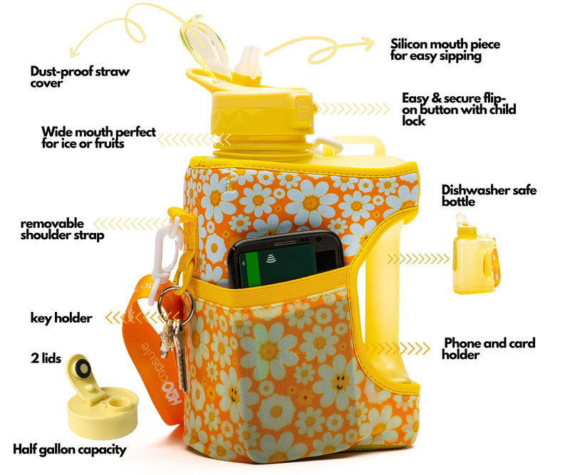 Smiley Daisy - Cube - Half Gallon Water Bottle with Storage Sleeve and –  H2O Capsule