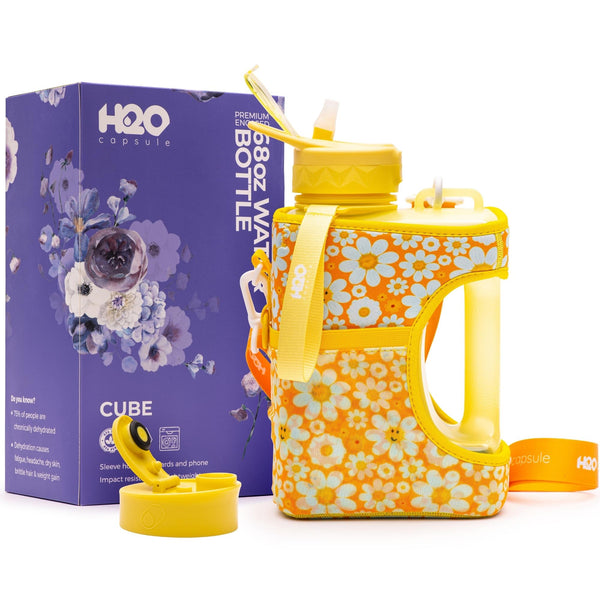 Smiley Daisy - Cube - Half Gallon Water Bottle with Storage Sleeve and 2 lids