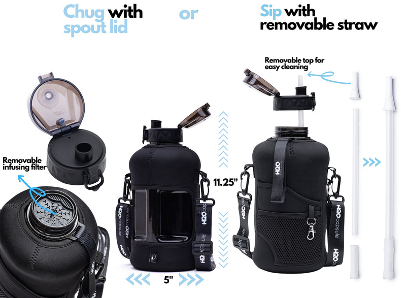 Blue Collage -Carry-all -Half Gallon Water Bottle with Storage Sleeve and removable straw