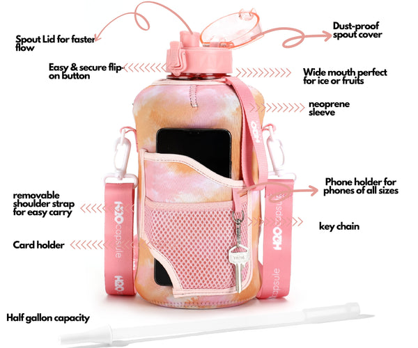 Warm Tie Dye -Carry-all -Half Gallon Water Bottle with Storage Sleeve and removable straw
