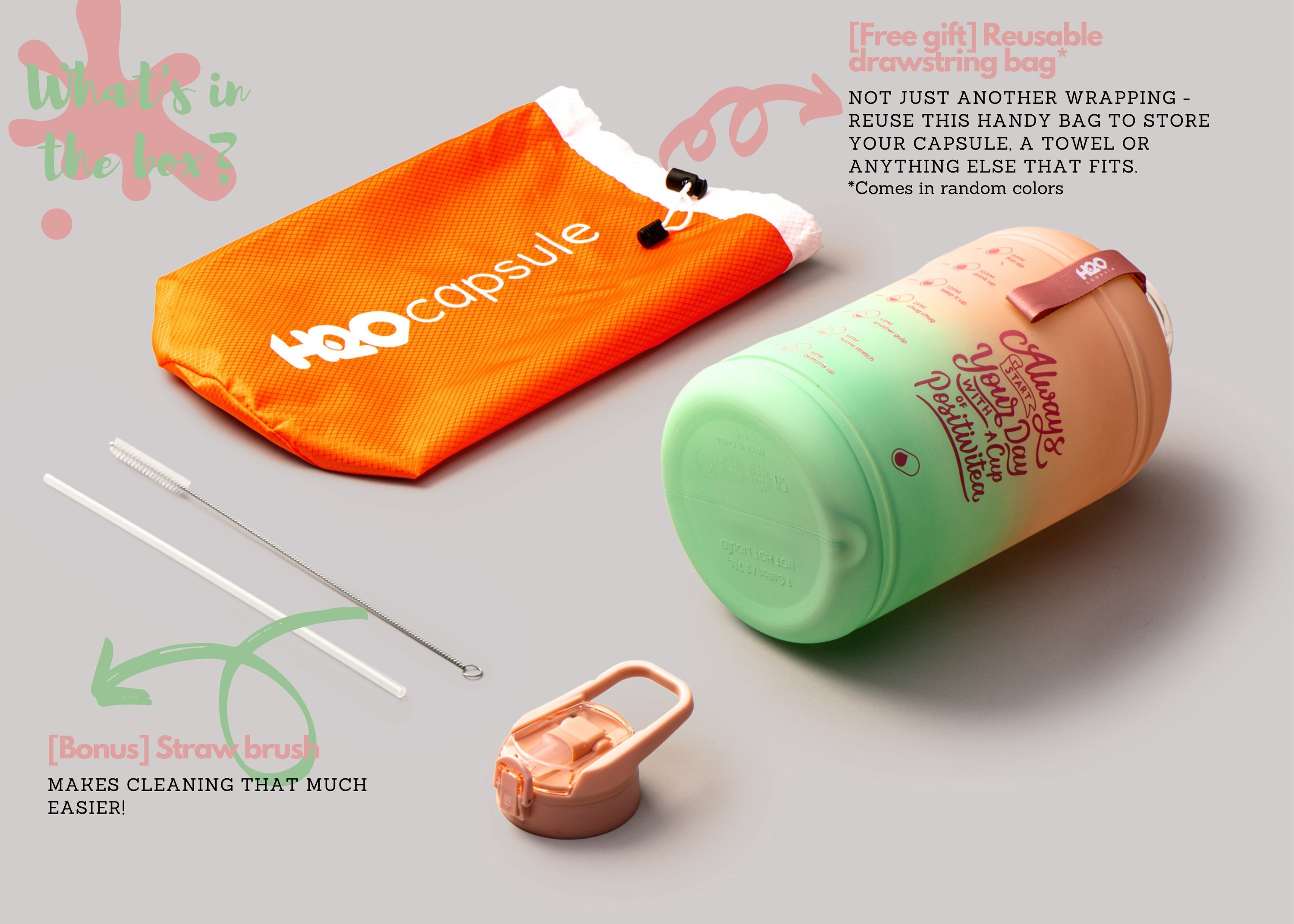 Lotus Bloom- H2O Capsule INSPO 1 Gallon Water Bottle with Time Marker and Straw
