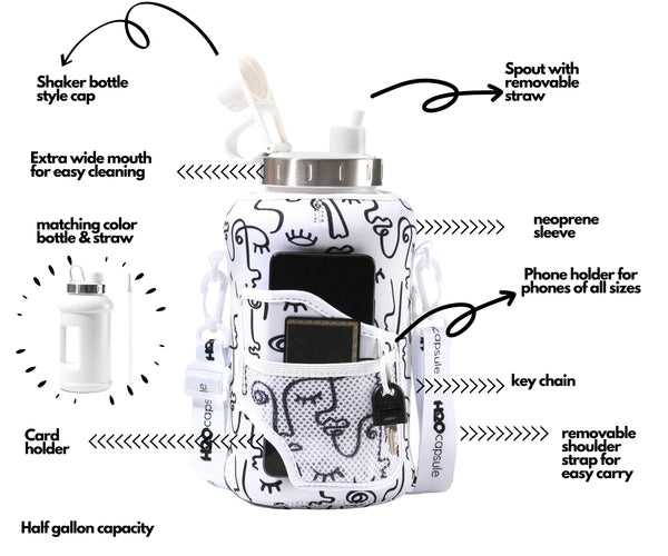 Faces - Wide Mouth carry-all - Half Gallon Water Bottle with Storage Sleeve and removable straw