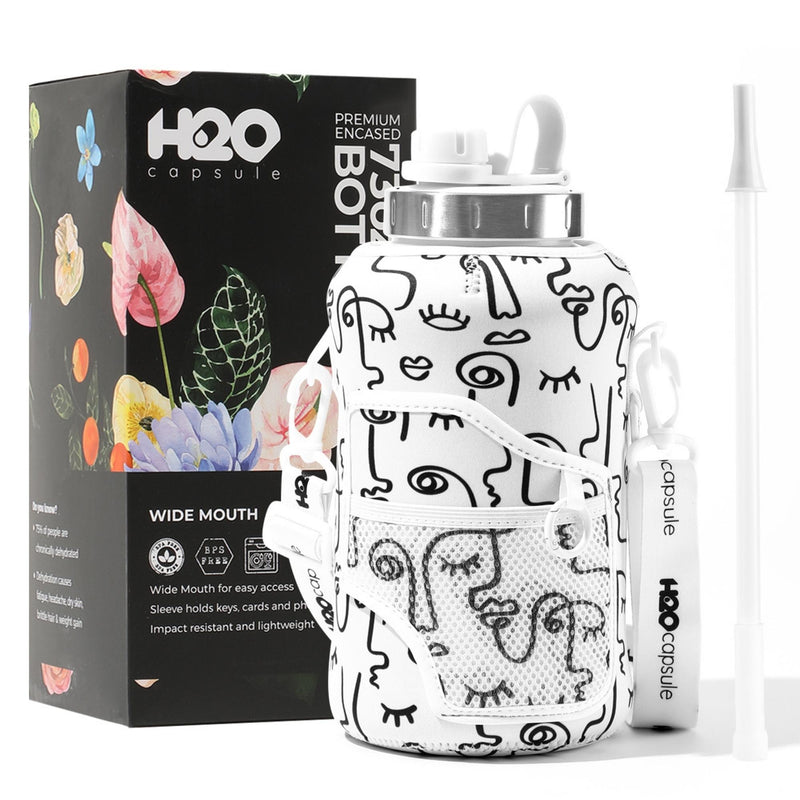 Faces - Wide Mouth carry-all - Half Gallon Water Bottle with Storage Sleeve and removable straw