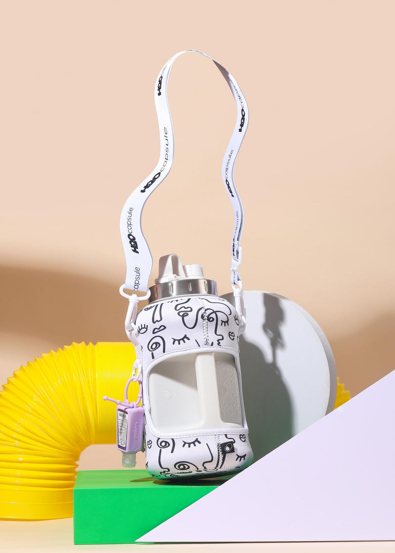 Faces - Wide Mouth carry-all - Half Gallon Water Bottle with Storage Sleeve and removable straw