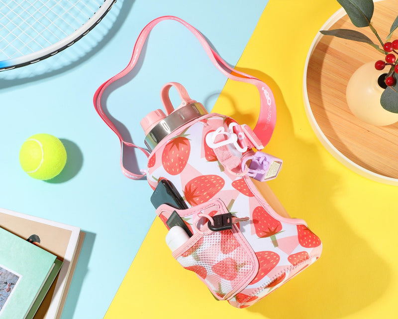 Strawberry - Wide Mouth carry-all - Half Gallon Water Bottle with Storage Sleeve and removable straw