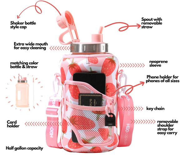 Strawberry - Wide Mouth carry-all - Half Gallon Water Bottle with Storage Sleeve and removable straw