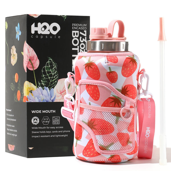 Strawberry - Wide Mouth carry-all - Half Gallon Water Bottle with Storage Sleeve and removable straw