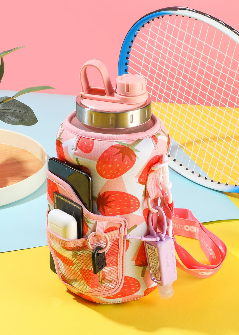 Strawberry - Wide Mouth carry-all - Half Gallon Water Bottle with Storage Sleeve and removable straw